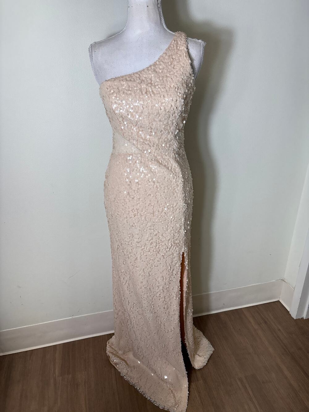 Jay Godfrey Peach Sequin Mesh Side Cutouts One Shoulder Column Gown Sz 2